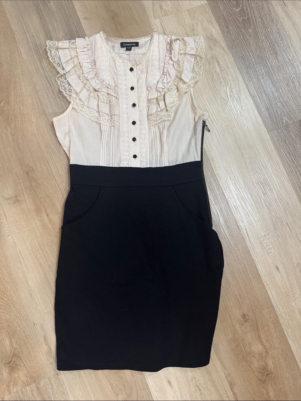 bebe Twofer Tan & Black Ruffle Lace Sheath Dress